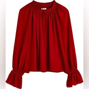 Madewell Long-Sleeve Tie-Neck Top in Crimson Berry, NWT